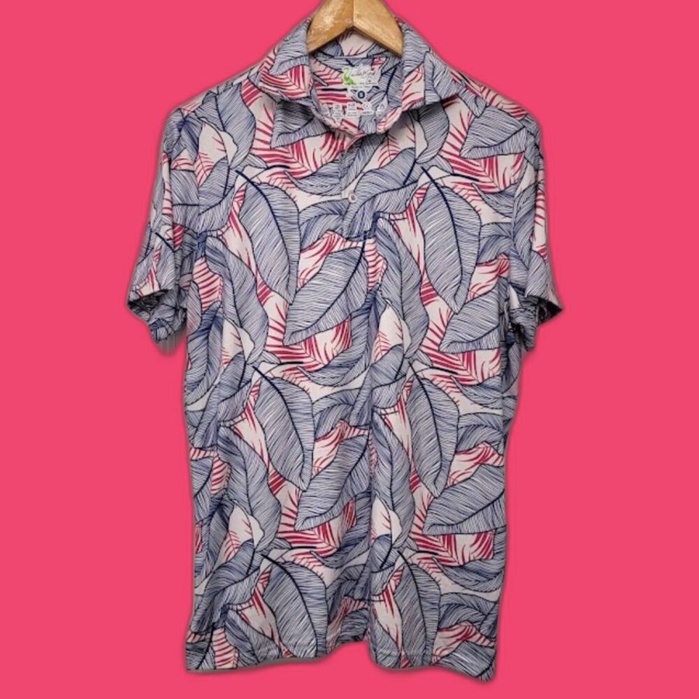 TailorByrd Tropical Leaf Performance Golf Polo Pink Blue Resort Mens Sz. S
